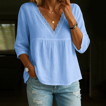 Angel - Blouse élégante en dentelle à col en V et manches 3/4