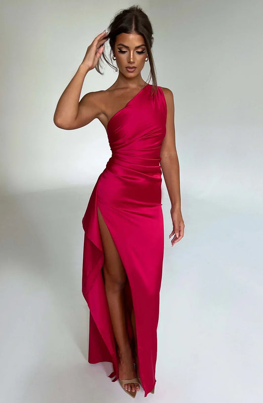 Malinda - Robe élégante en satin à une épaule avec fente