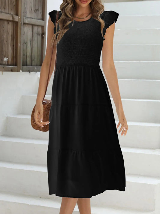 Carina - Robe élégante à col rond avec volants et manches papillon