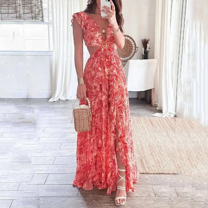 Aira - Robe longue d’été à col en V profond et fente florale