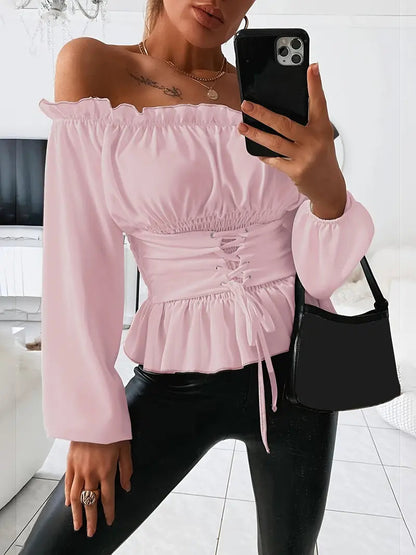 Imelda - Élégante blouse à manches longues avec volants et épaules dénudées
