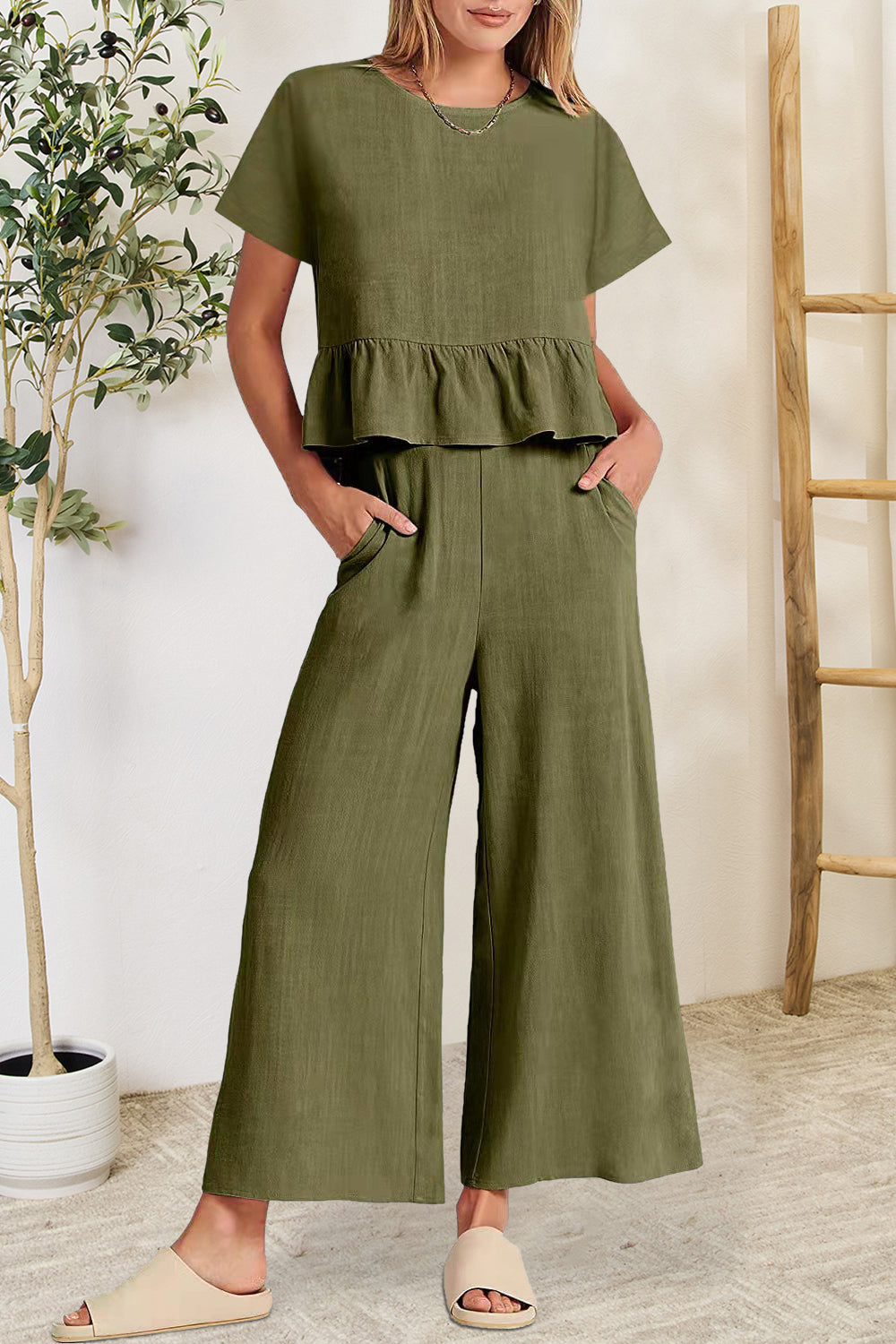 Berenice - Ensemble stylé top à volants et pantalon