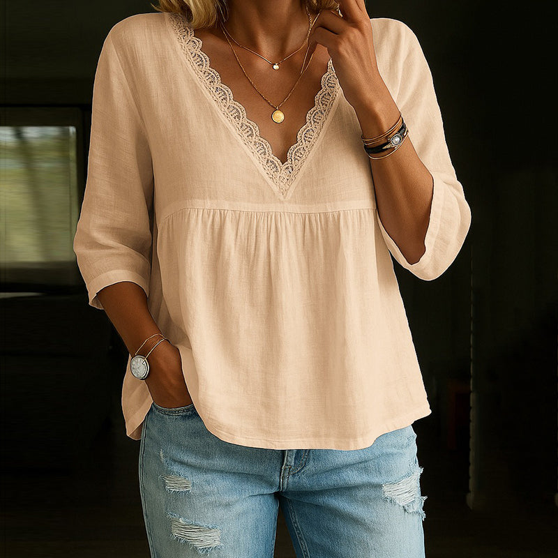 Angel - Blouse élégante en dentelle à col en V et manches 3/4