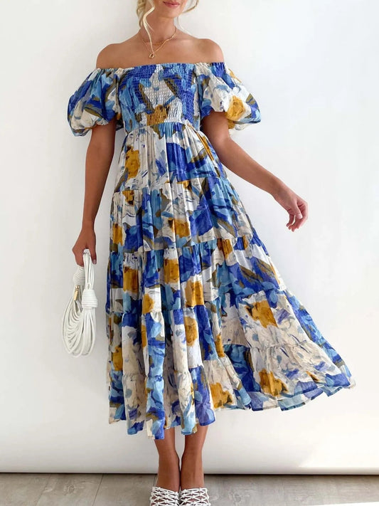 Evienne - Élégante robe à manches bouffantes et imprimé floral