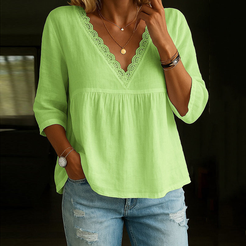 Angel - Blouse élégante en dentelle à col en V et manches 3/4