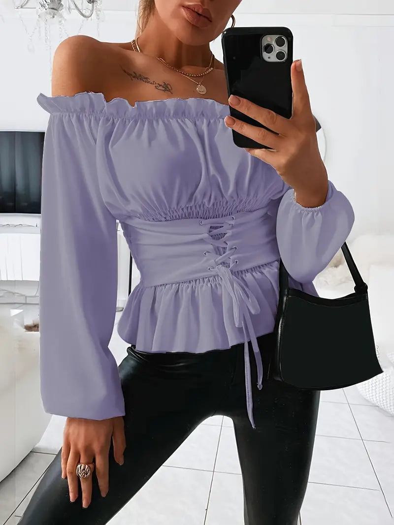 Imelda - Élégante blouse à manches longues avec volants et épaules dénudées