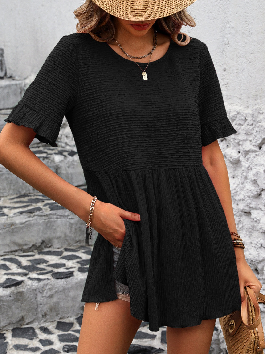 Evie - Blouse ample à col rond avec manches courtes à volants
