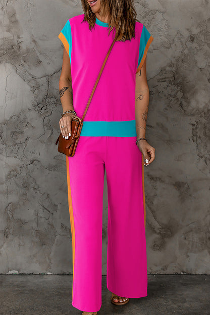 Krissy - Ensemble élégant top et pantalon ample avec col rond contrasté