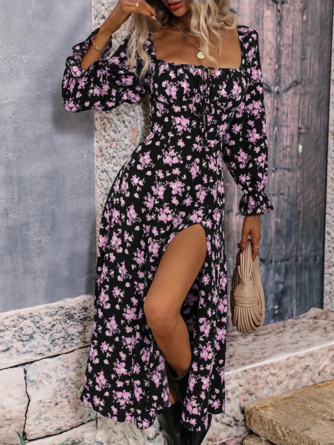 Anastasia - Élégante robe à col carré et manches à volants, imprimé floral