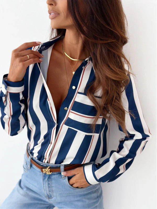 Zainab - Élégante blouse polo à rayures avec boutons et manches longues
