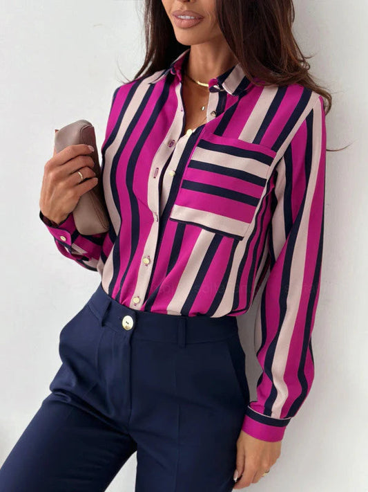 Zainab - Élégante blouse polo à rayures avec boutons et manches longues