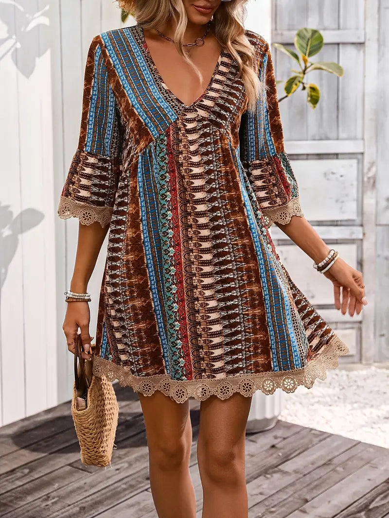 Erma - Robe élégante pour femme avec col en V et bordure en dentelle