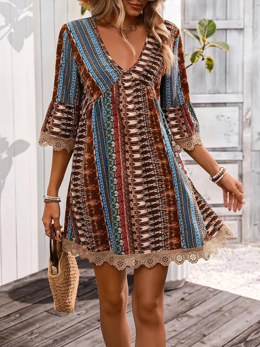 Erma - Robe élégante pour femme avec col en V et bordure en dentelle