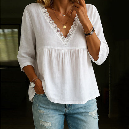 Angel - Blouse élégante en dentelle à col en V et manches 3/4