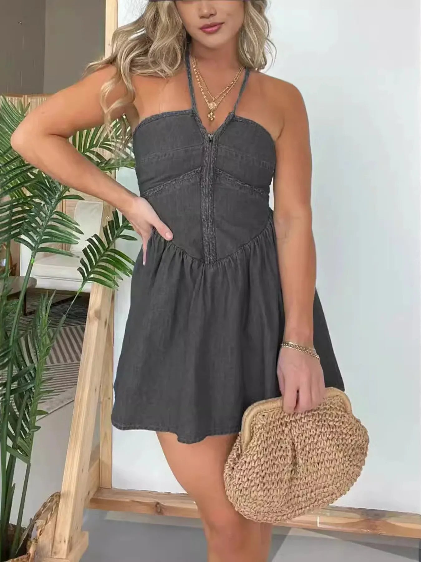 Rowena - Robe en jean décontractée à col halter et laçage