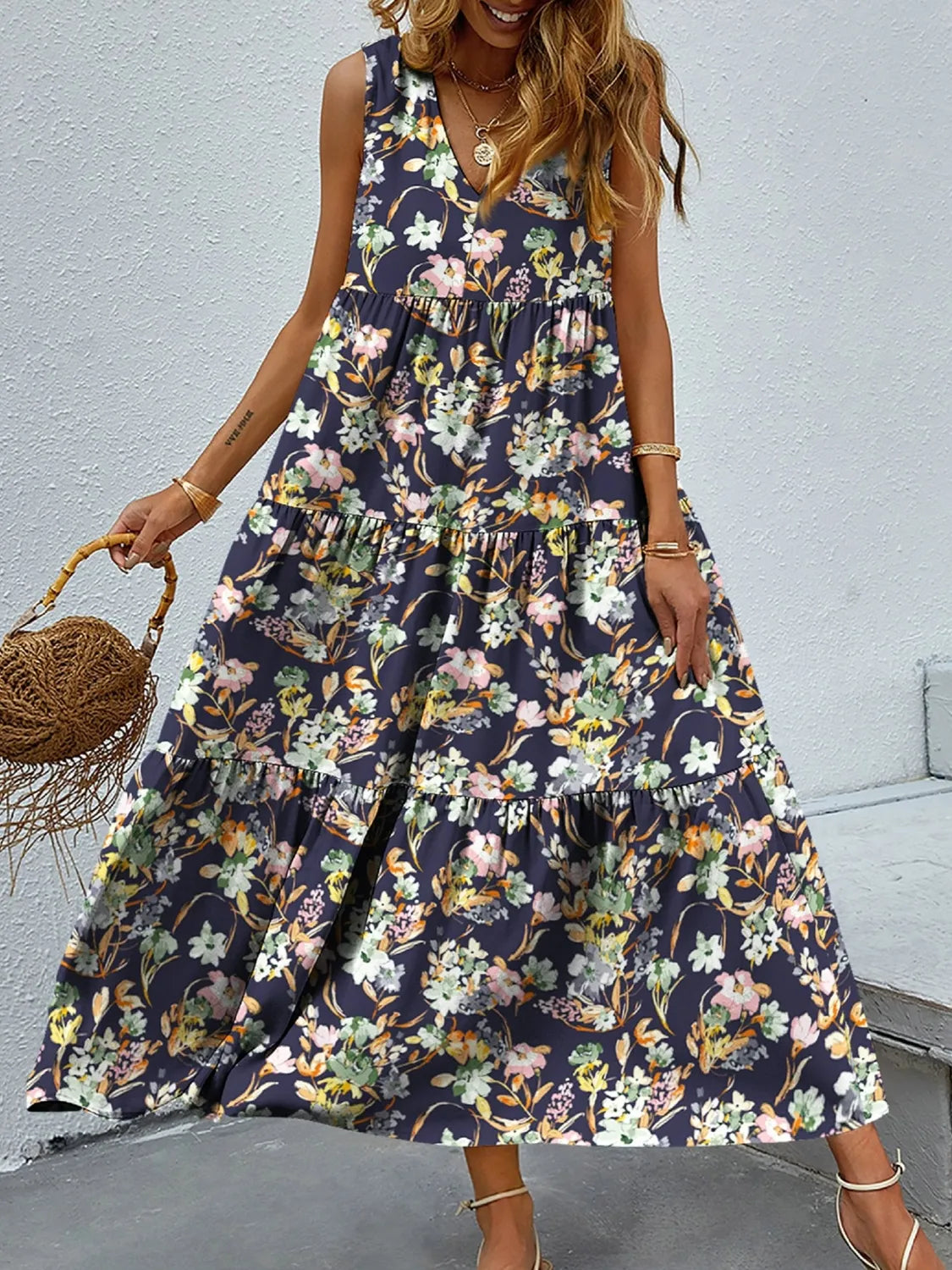 Taylor - Robe longue florale élégante sans manches à col en V