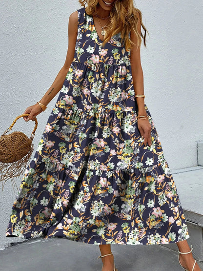 Taylor - Robe longue florale élégante sans manches à col en V