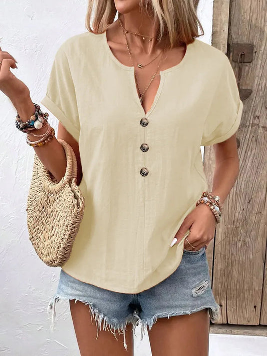 Vexana - Blouse casual à manches courtes avec col fendu et boutons