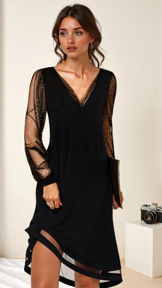 Rosalind - Robe noire élégante et stylée à manches transparentes pour femme