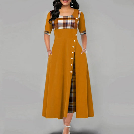 Louise - Robe patchwork à carreaux avec demi-manches et patte de boutonnage