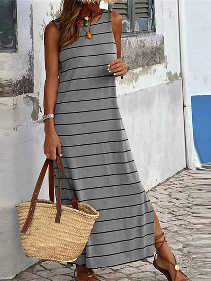 Julie - Élégante robe rayée à imprimé fendu