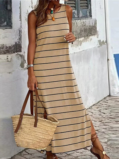 Julie - Élégante robe rayée à imprimé fendu